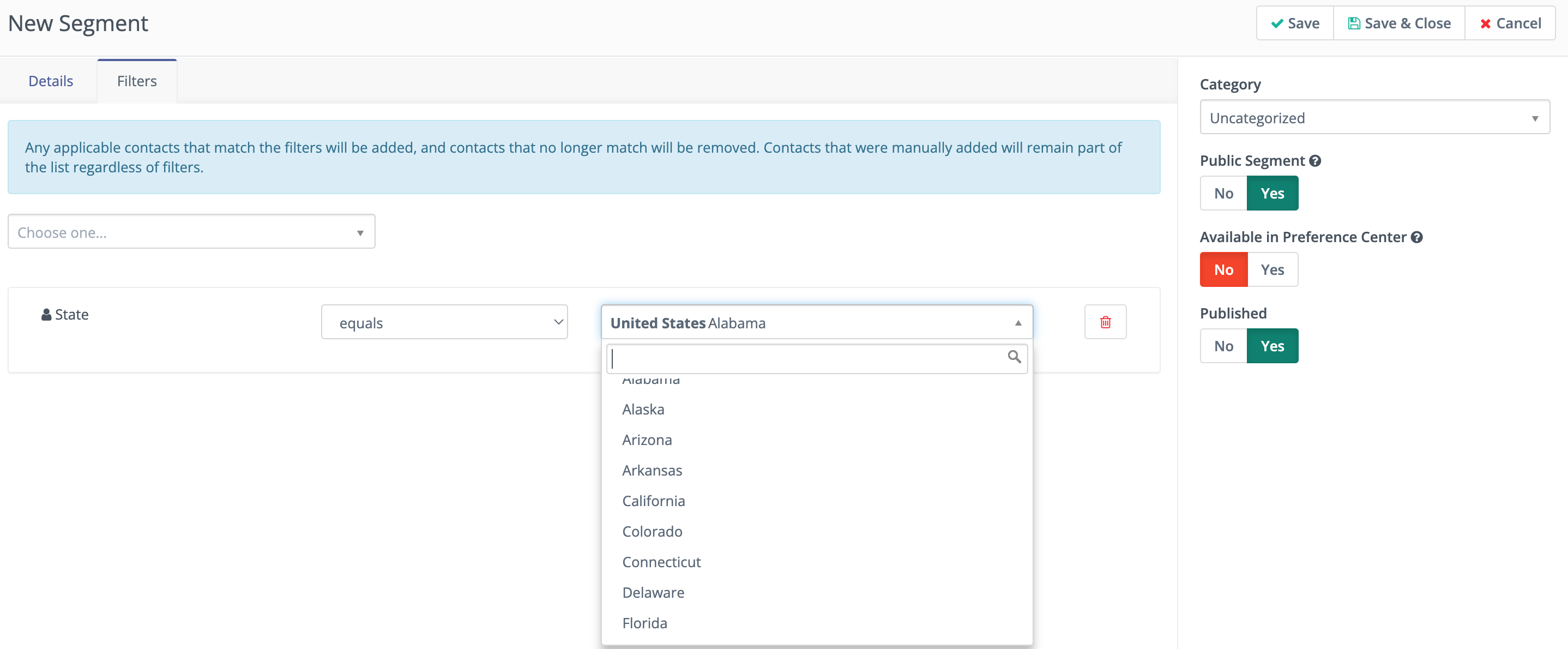 Screenshot showing Segment filters.