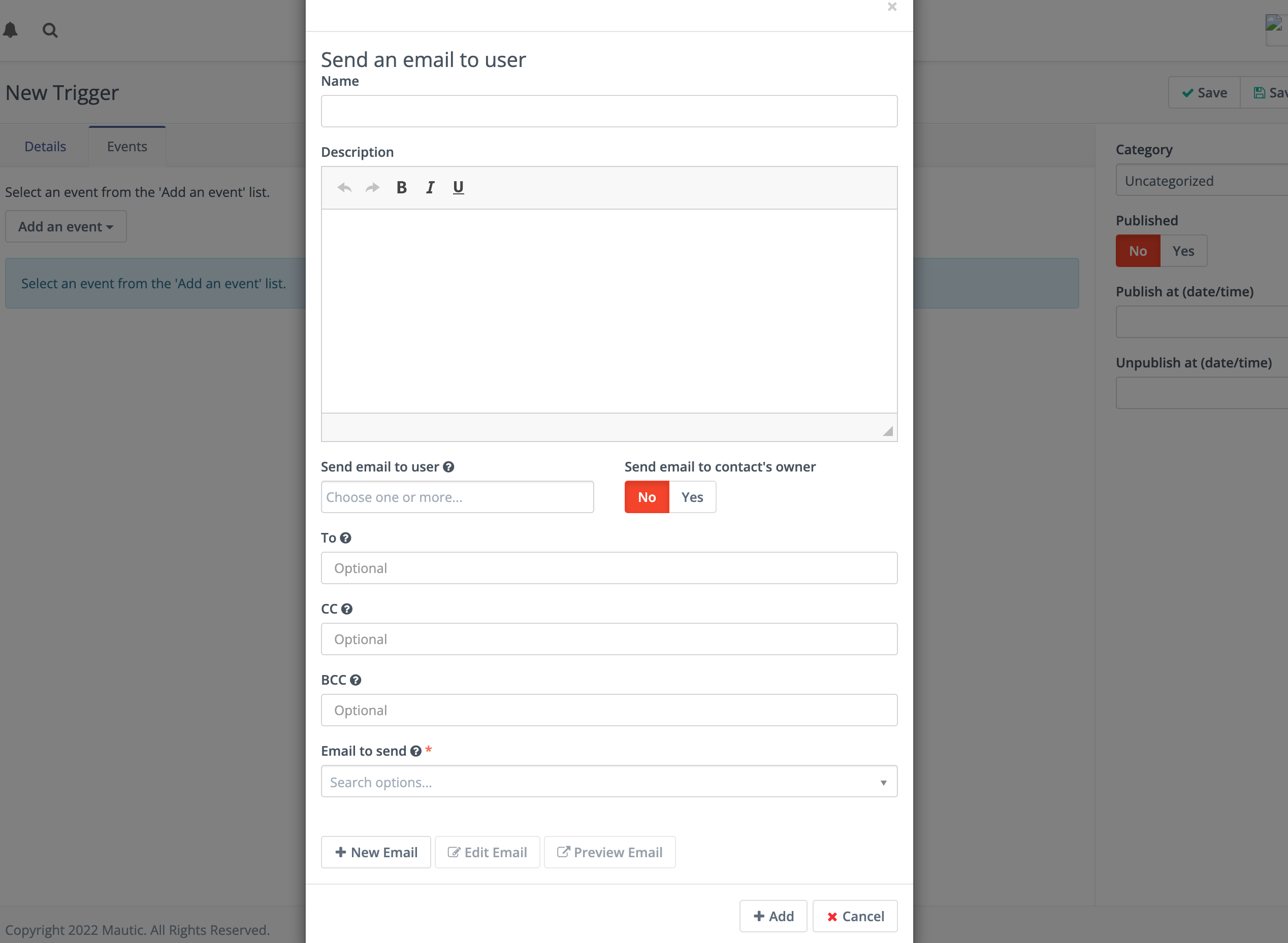 Screenshot of Send an Email to User Email trigger